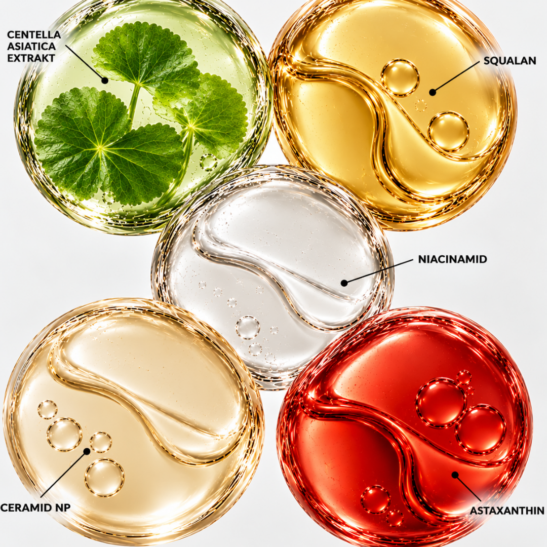 Glänzende Tropfen mit Centella Asiatica, Squalan, Niacinamid, Ceramid NP und Astaxanthin, den Inhaltsstoffen der GentleCare Face Cream Light