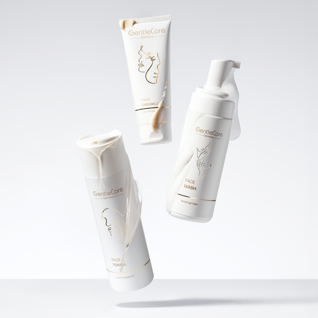 GentleCare Face Cream Light, Face Wash und Face Toner schweben vor hellem Hintergrund