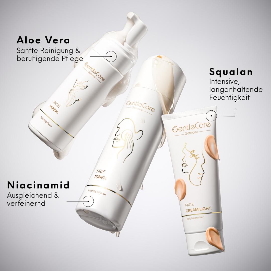 Das GC Trio Light mit Face Wash, Face Toner und Face Cream Light, beschriftet mit Aloe Vera, Squalan und Niacinamid